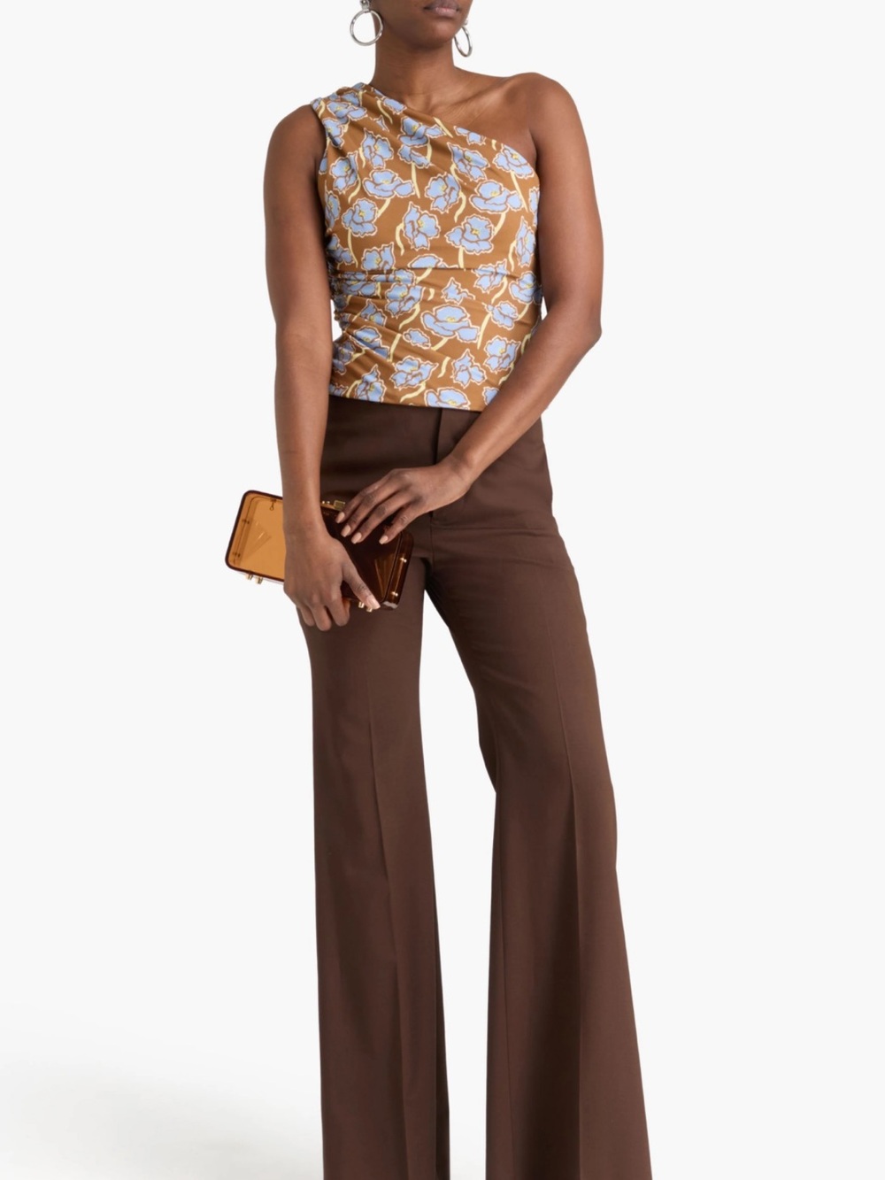 Versace One-Shoulder Floral Top in Brown and Light Blue